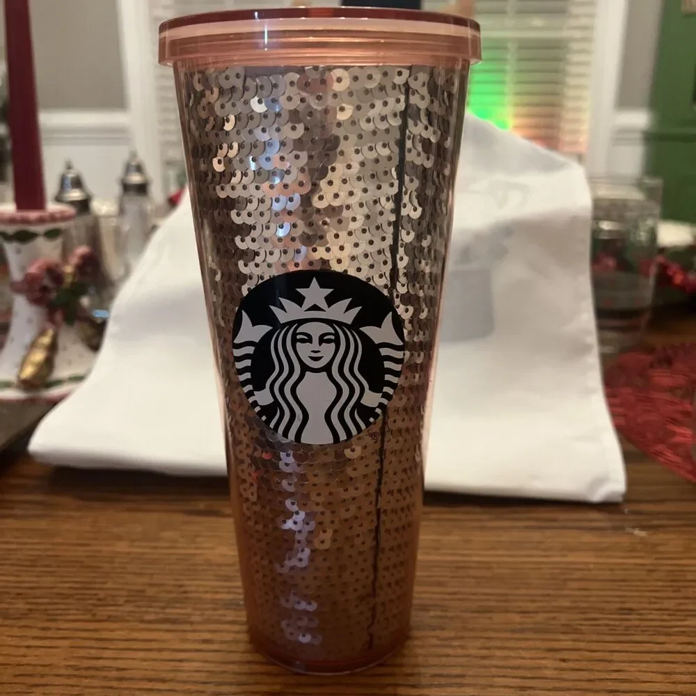 Starbucks 2017 Sequins Pink Rose Cold Cup Tumbler 24 oz *rare*‎ w/out straw